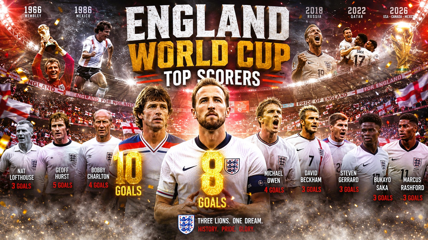 England Players with the Most World Cup Goals (1930–2026)