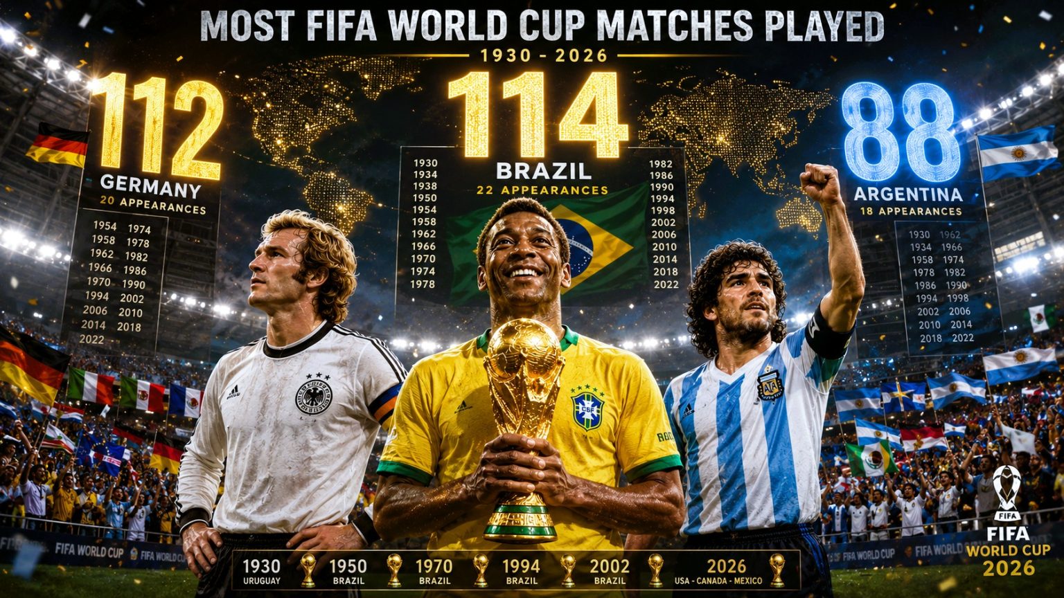 National Teams With the Most FIFA World Cup Matches Played (1930–2026)