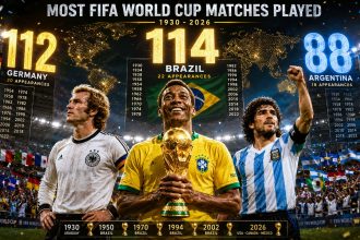 National Teams With the Most FIFA World Cup Matches Played (1930–2026)