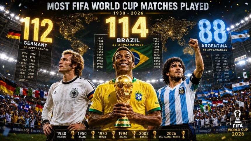 National Teams With the Most FIFA World Cup Matches Played (1930–2026)