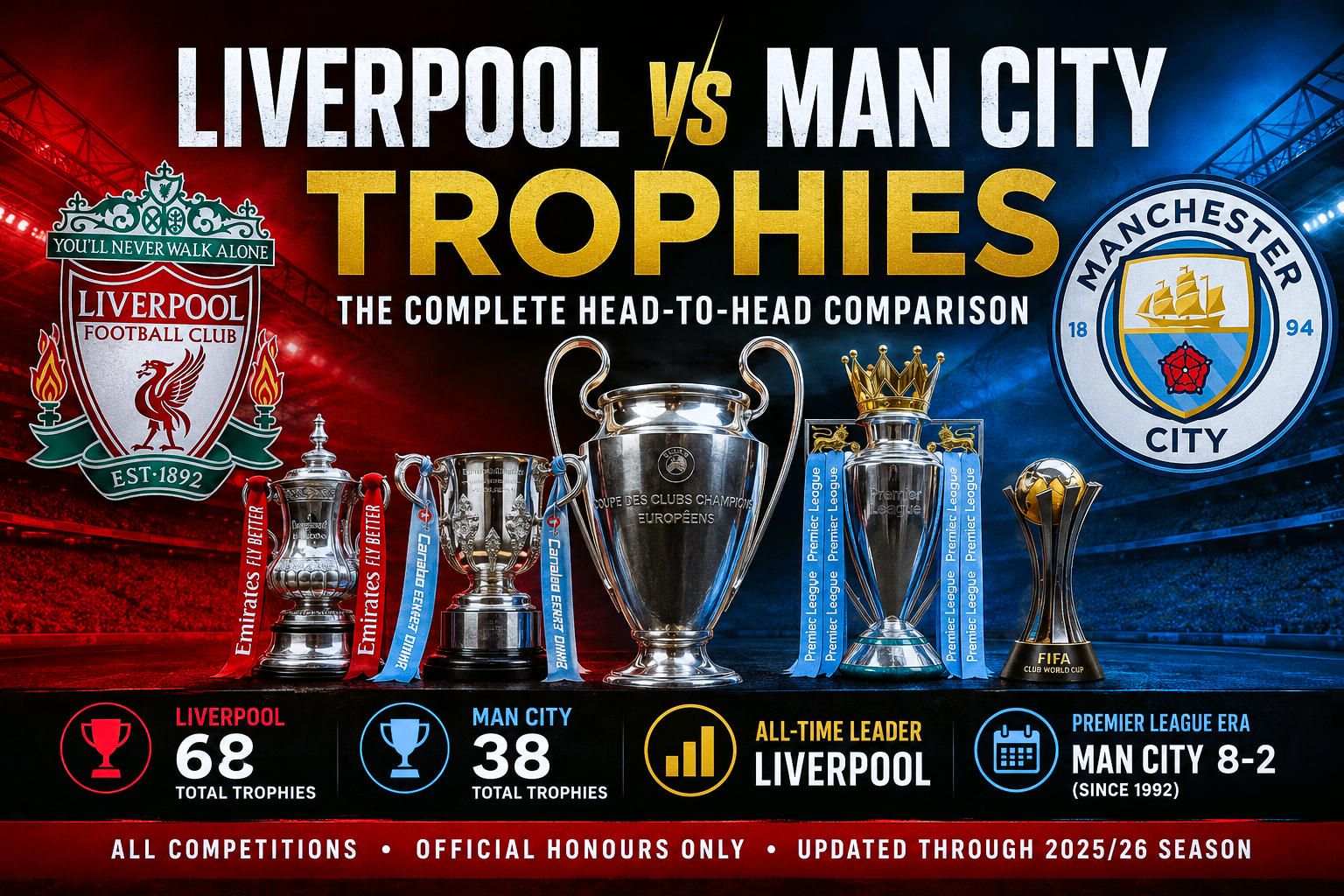 Liverpool vs Manchester City trophies comparison